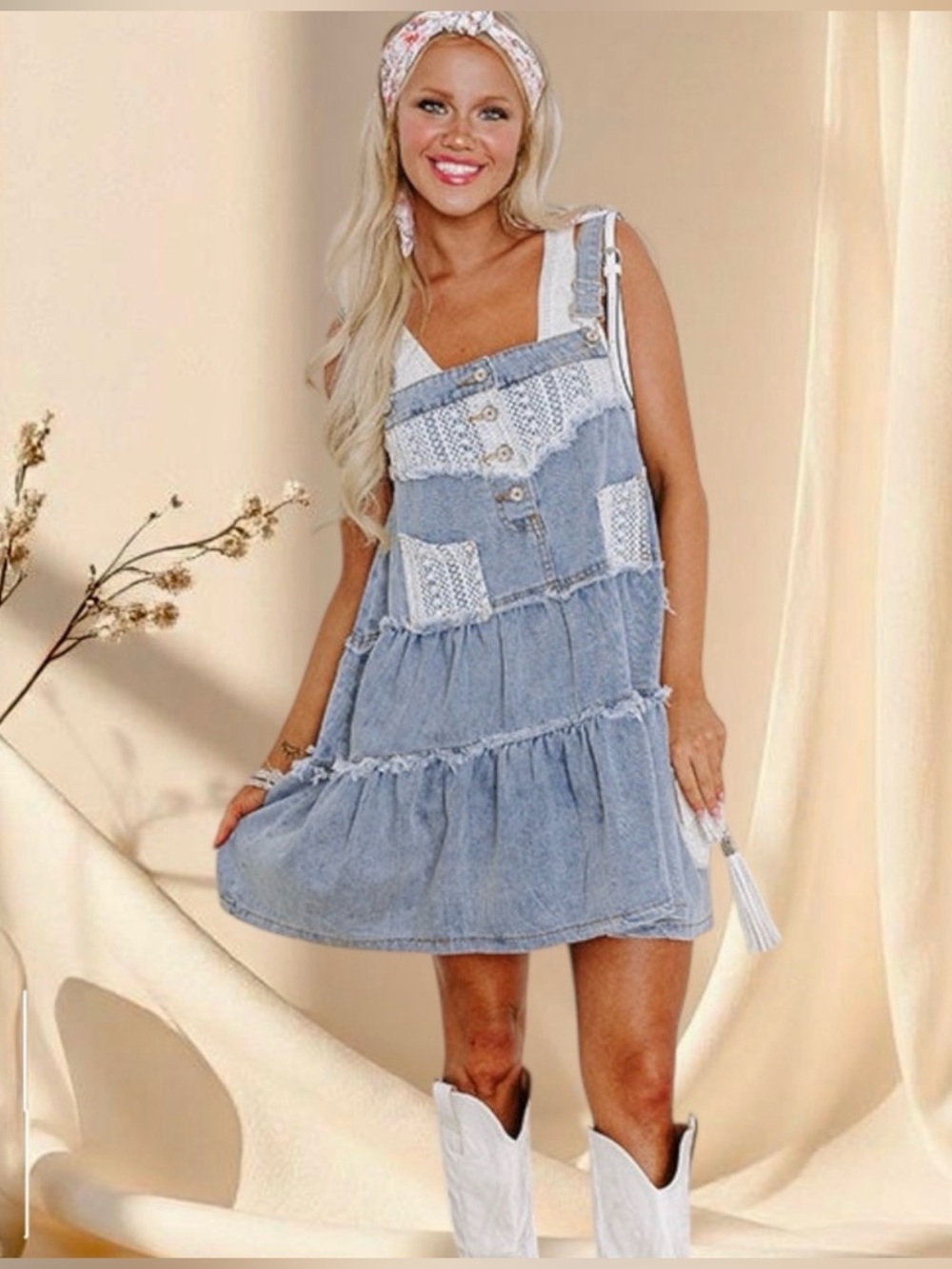 POL Denim Overall Mini Dress Crochet Tiered Boho Jumper Pinafore